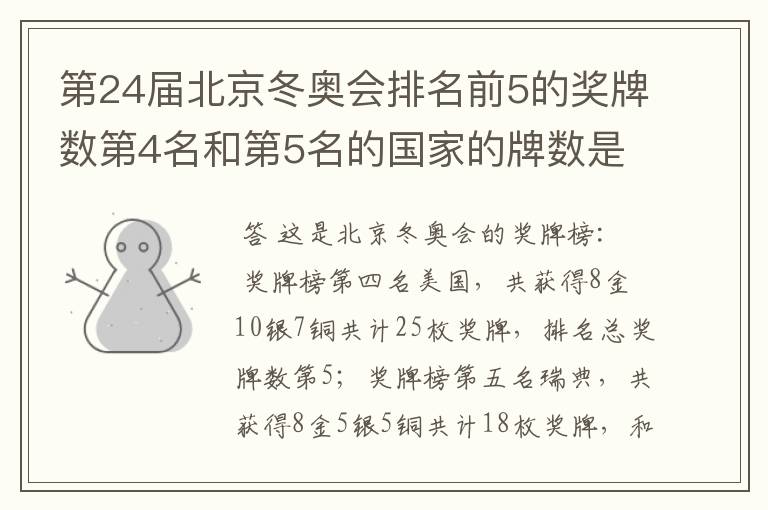 第24届北京冬奥会排名前5的奖牌数第4名和第5名的国家的牌数是多少?