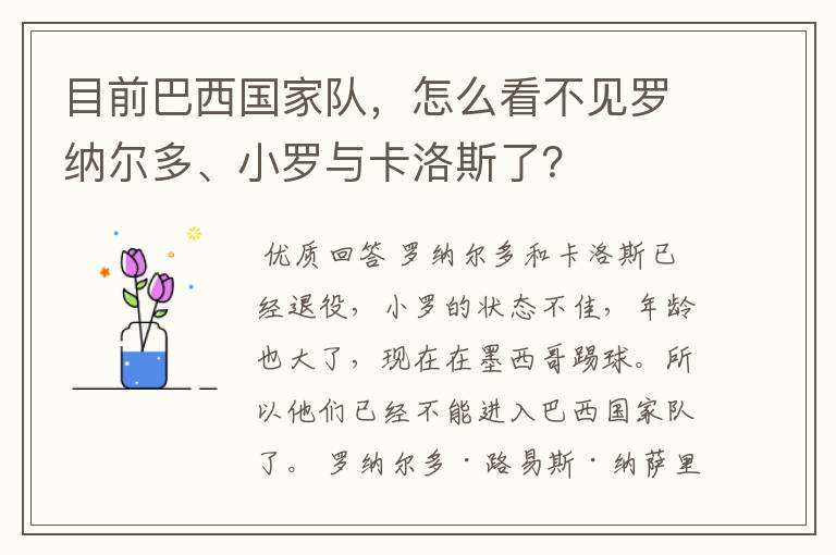 目前巴西国家队,怎么看不见罗纳尔多、小罗与卡洛斯了?