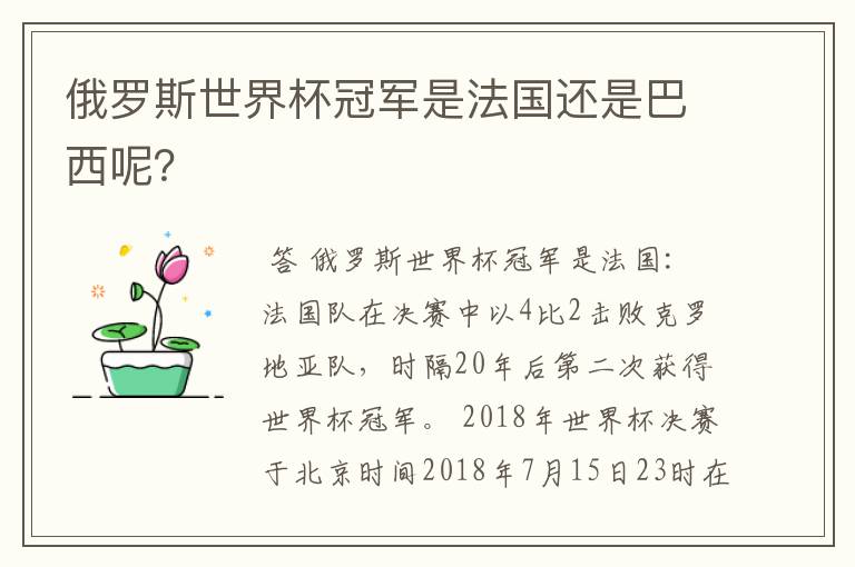 俄罗斯世界杯冠军是法国还是巴西呢?