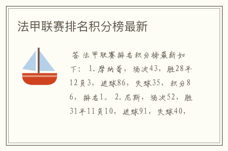 法甲联赛排名积分榜最新