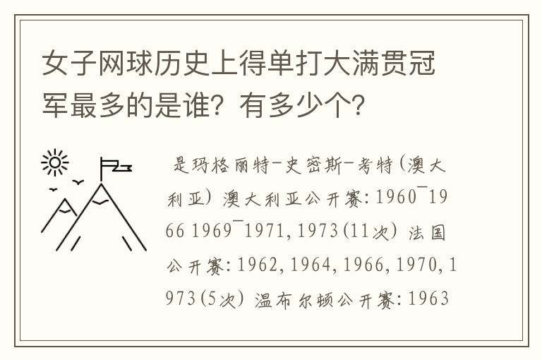 女子网球历史上得单打大满贯冠军最多的是谁?有多少个?