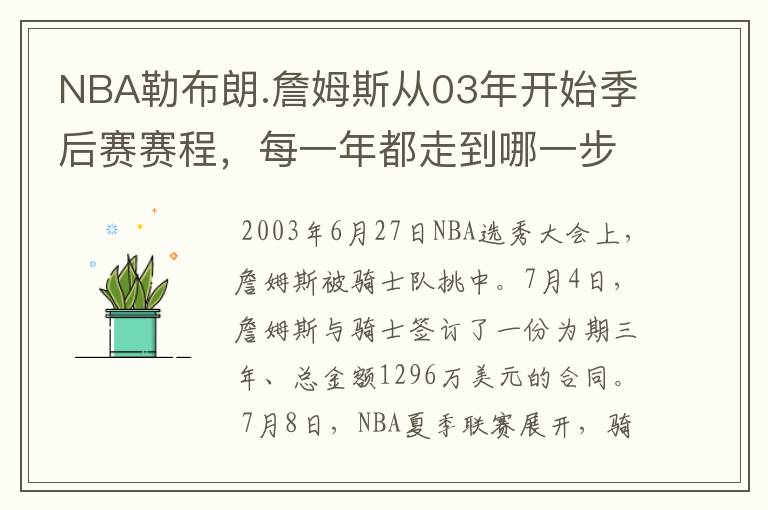 NBA勒布朗.詹姆斯从03年开始季后赛赛程,每一年都走到哪一步?
