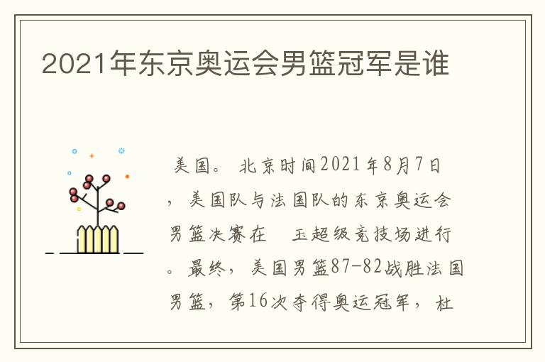 2021年东京奥运会男篮冠军是谁