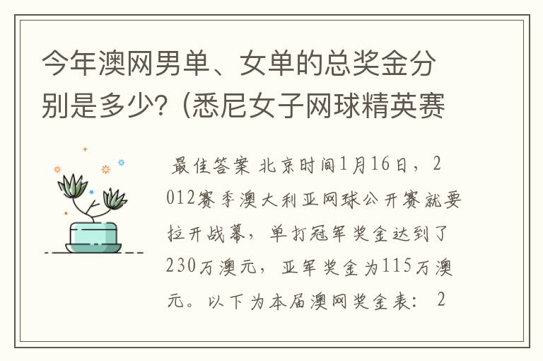 今年澳网男单、女单的总奖金分别是多少？(悉尼女子网球精英赛是60万美金)。谢啦。