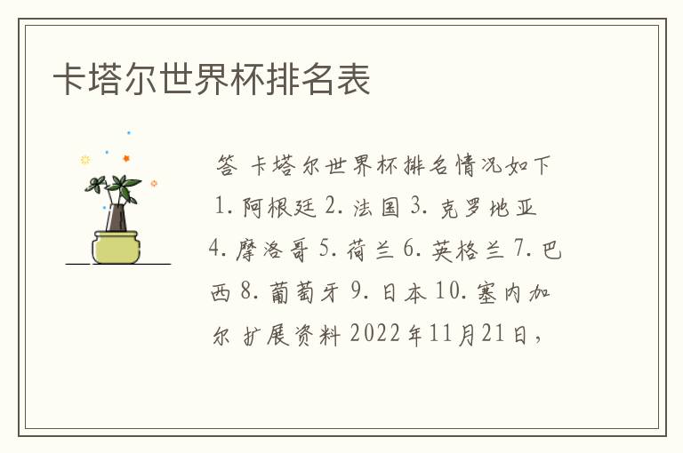 卡塔尔世界杯排名表