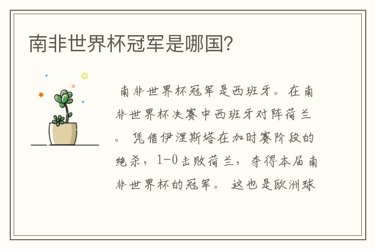 南非世界杯冠军是哪国?
