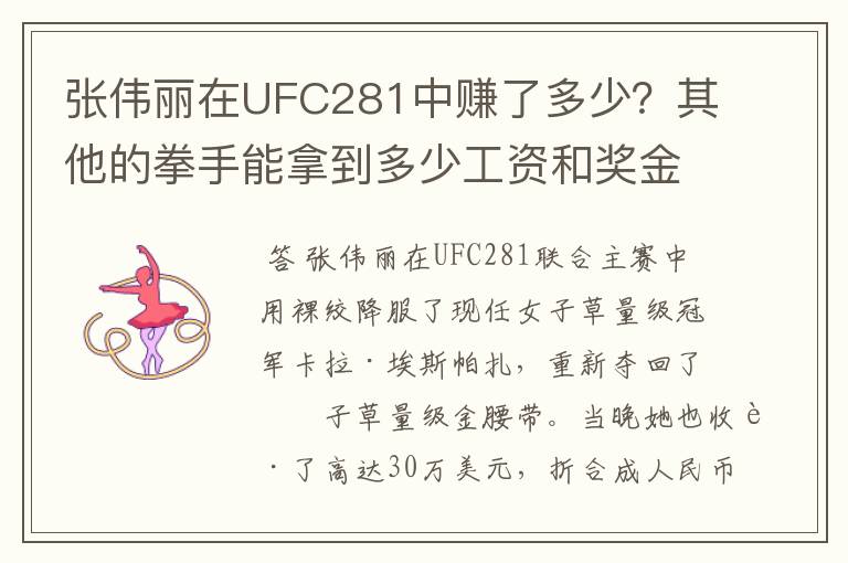 张伟丽在UFC281中赚了多少?其他的拳手能拿到多少工资和奖金?