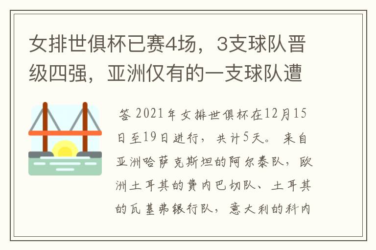 女排世俱杯已赛4场,3支球队晋级四强,亚洲仅有的一支球队遭淘汰