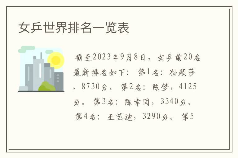 女乒世界排名一览表