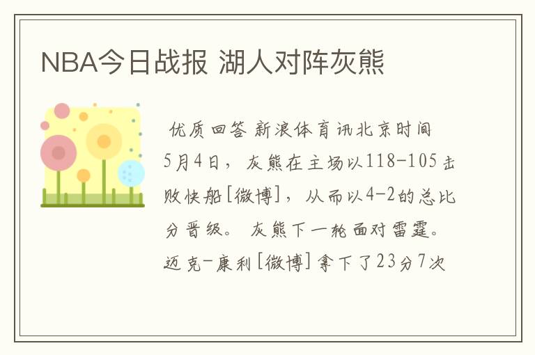 NBA今日战报 湖人对阵灰熊