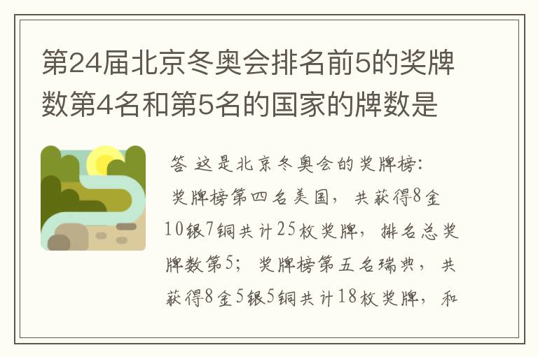 第24届北京冬奥会排名前5的奖牌数第4名和第5名的国家的牌数是多少?