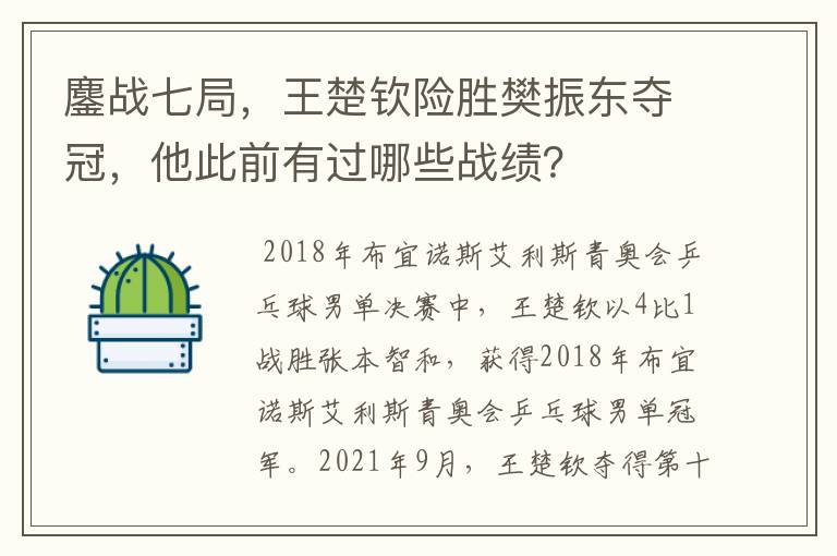 鏖战七局,王楚钦险胜樊振东夺冠,他此前有过哪些战绩?