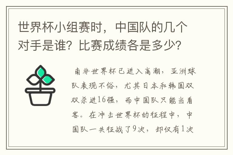世界杯小组赛时,中国队的几个对手是谁?比赛成绩各是多少?