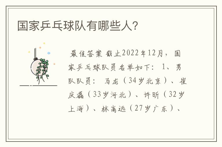 国家乒乓球队有哪些人?