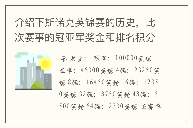 介绍下斯诺克英锦赛的历史,此次赛事的冠亚军奖金和排名积分各是多少?
