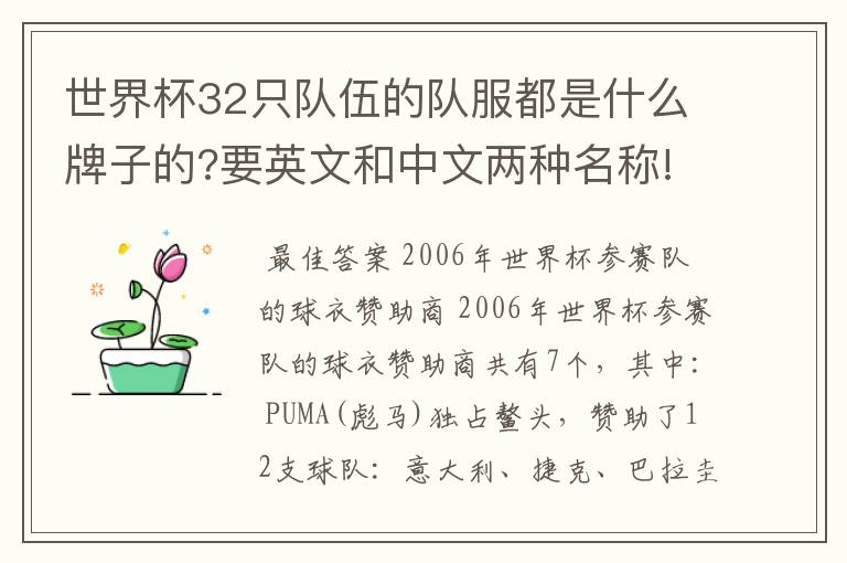 世界杯32只队伍的队服都是什么牌子的?要英文和中文两种名称!