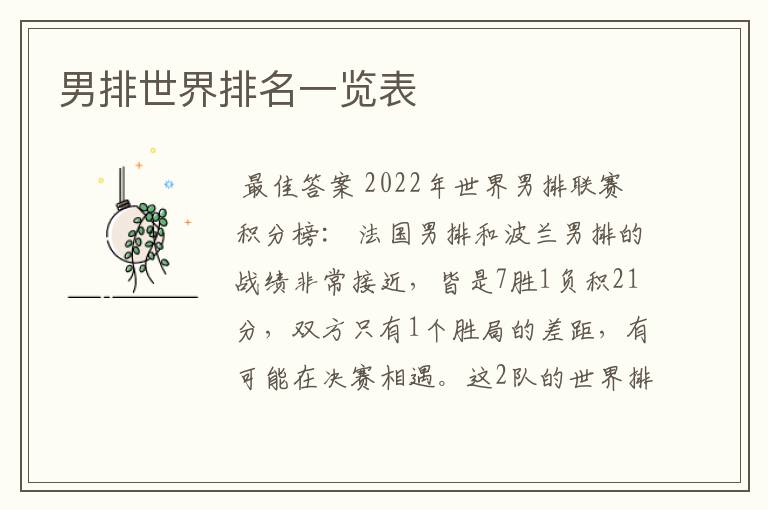 男排世界排名一览表