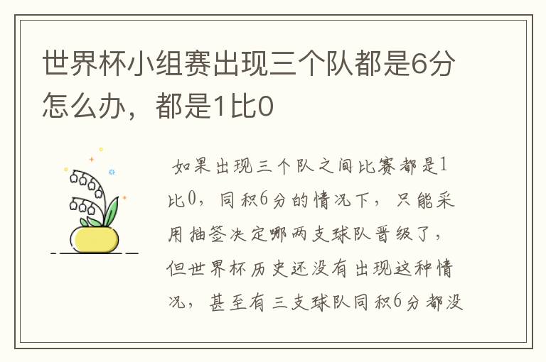 世界杯小组赛出现三个队都是6分怎么办,都是1比0