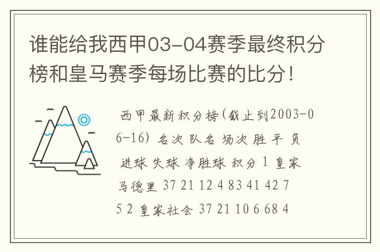 谁能给我西甲03-04赛季最终积分榜和皇马赛季每场比赛的比分！