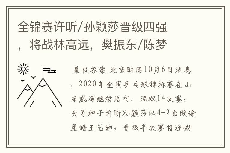 全锦赛许昕/孙颖莎晋级四强,将战林高远,樊振东/陈梦爆冷出局