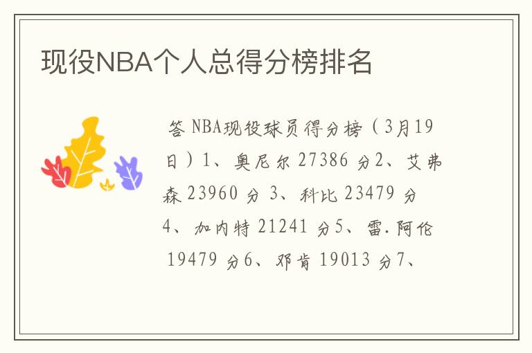 现役NBA个人总得分榜排名