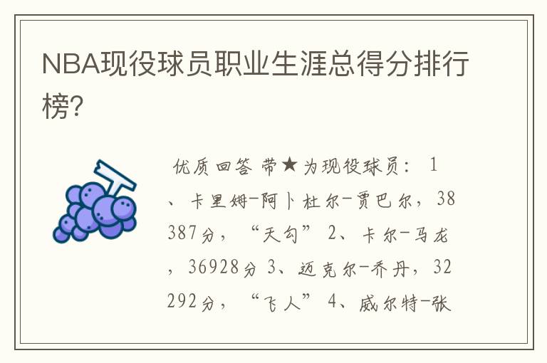 NBA现役球员职业生涯总得分排行榜?