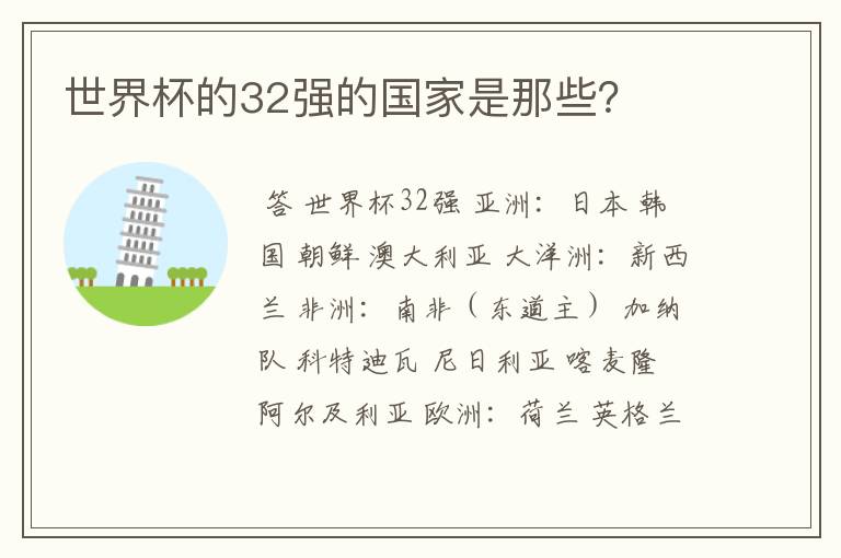 世界杯的32强的国家是那些?