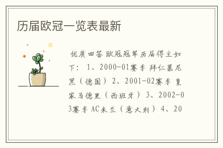 历届欧冠一览表最新
