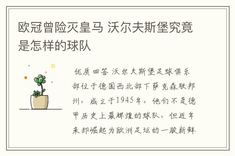 欧冠曾险灭皇马 沃尔夫斯堡究竟是怎样的球队