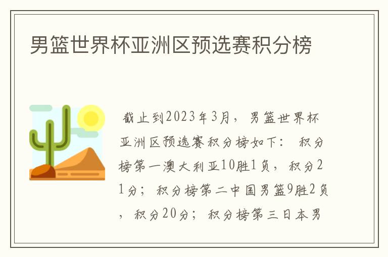 男篮世界杯亚洲区预选赛积分榜