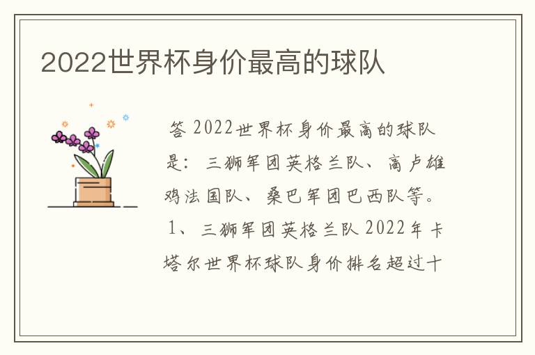 2022世界杯身价最高的球队