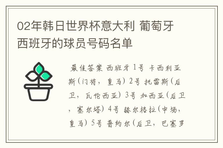 02年韩日世界杯意大利 葡萄牙 西班牙的球员号码名单