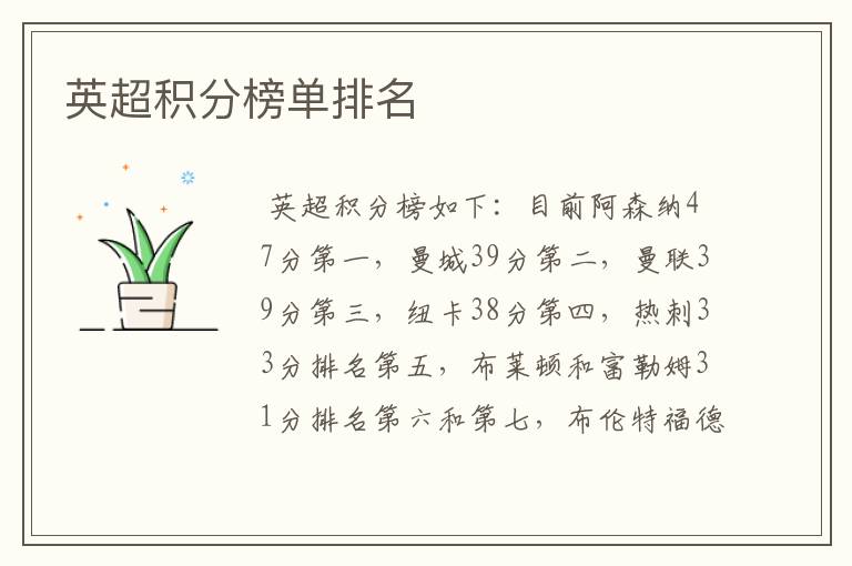 英超积分榜单排名