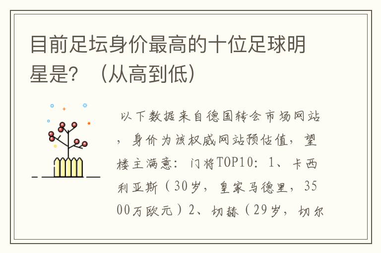 目前足坛身价最高的十位足球明星是?(从高到低)