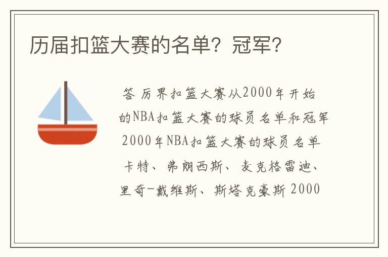 历届扣篮大赛的名单?冠军?