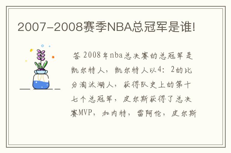 2007-2008赛季NBA总冠军是谁!