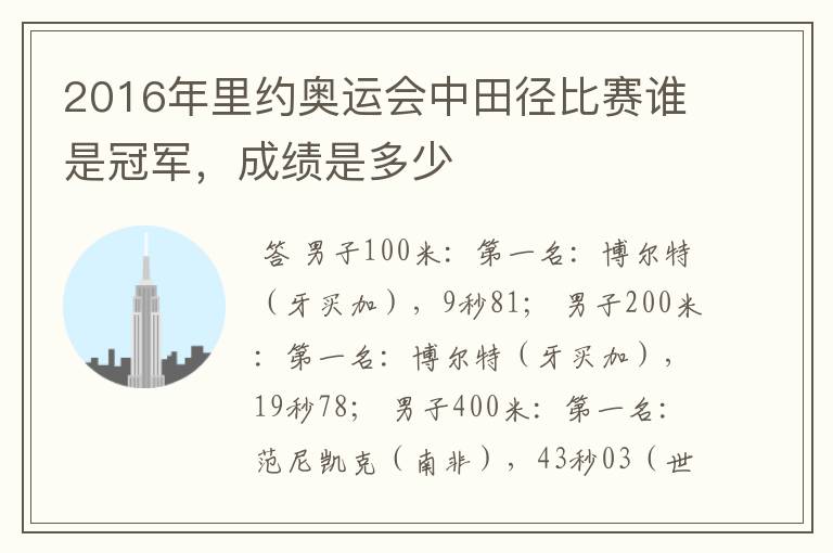 2016年里约奥运会中田径比赛谁是冠军,成绩是多少