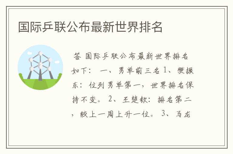 国际乒联公布最新世界排名