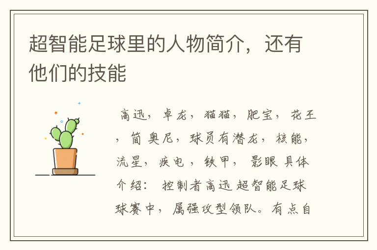 超智能足球里的人物简介,还有他们的技能