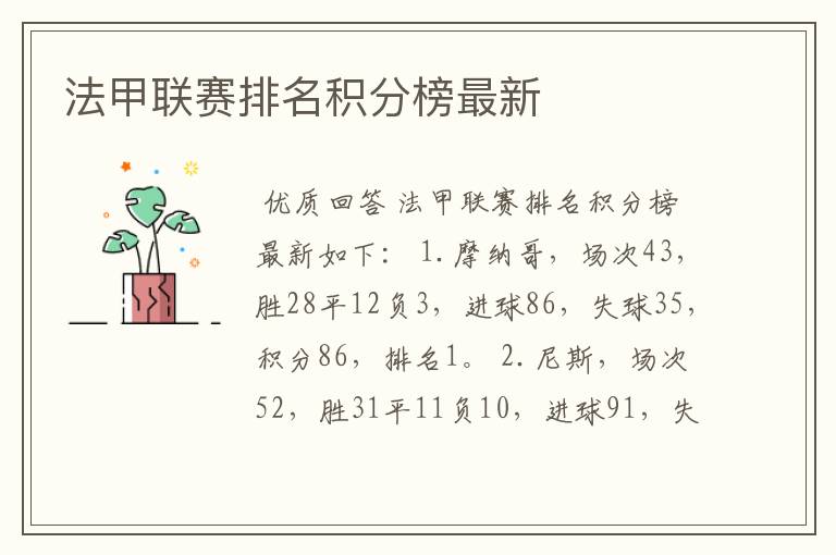 法甲联赛排名积分榜最新