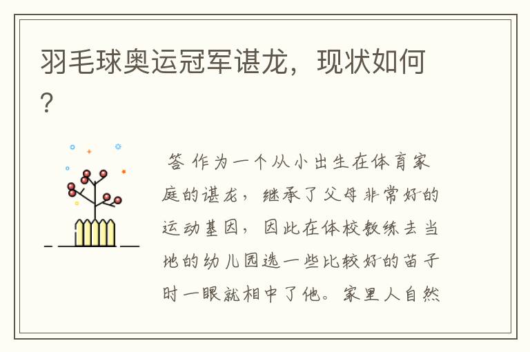 羽毛球奥运冠军谌龙,现状如何?