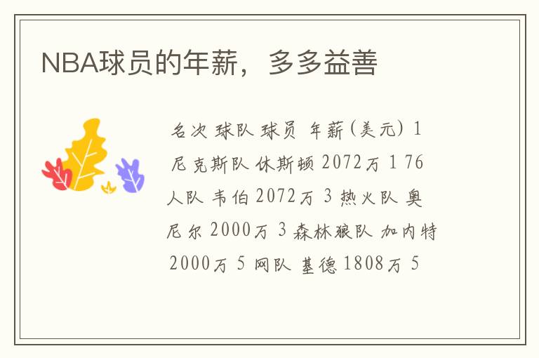 NBA球员的年薪,多多益善