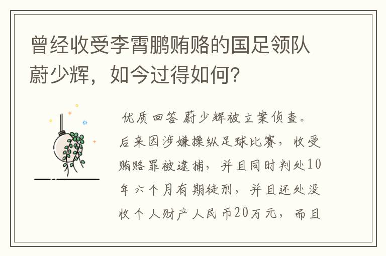 曾经收受李霄鹏贿赂的国足领队蔚少辉,如今过得如何?