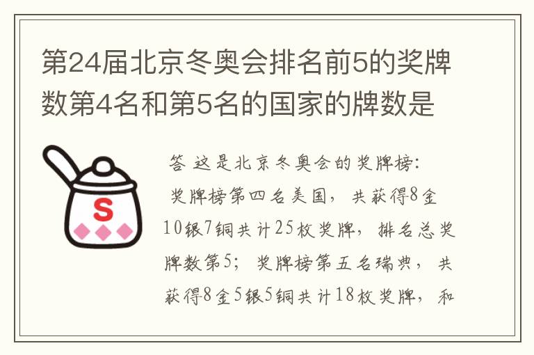 第24届北京冬奥会排名前5的奖牌数第4名和第5名的国家的牌数是多少?
