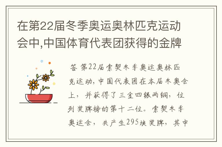 在第22届冬季奥运奥林匹克运动会中,中国体育代表团获得的金牌数占奖牌总数的
