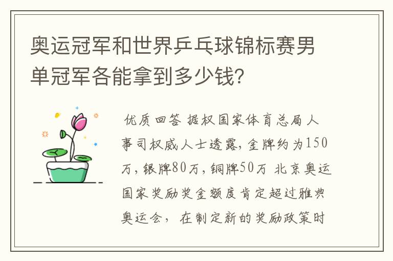 奥运冠军和世界乒乓球锦标赛男单冠军各能拿到多少钱?