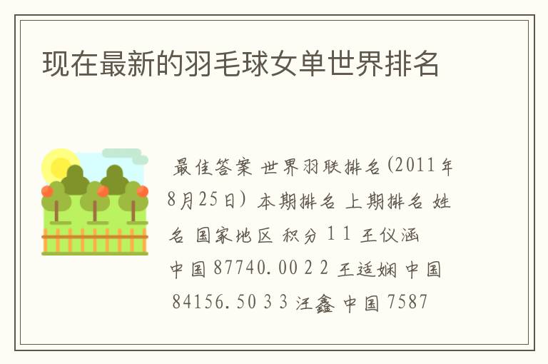 现在最新的羽毛球女单世界排名