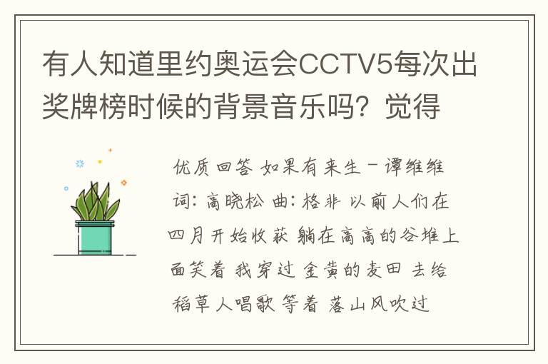 有人知道里约奥运会CCTV5每次出奖牌榜时候的背景音乐吗?觉得很好玩很
