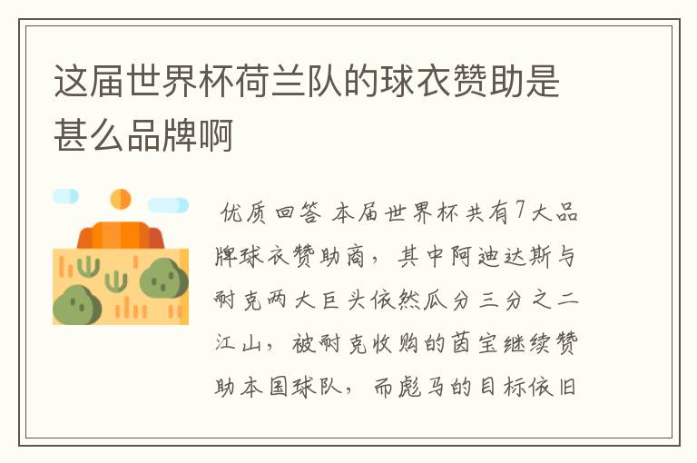 这届世界杯荷兰队的球衣赞助是甚么品牌啊