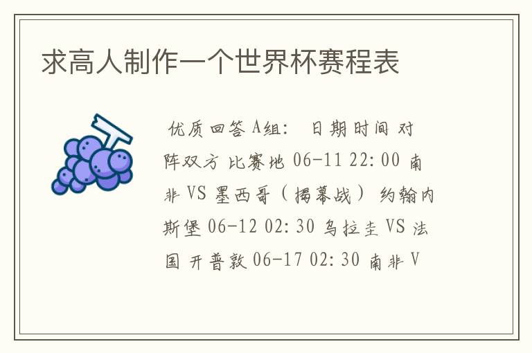 求高人制作一个世界杯赛程表
